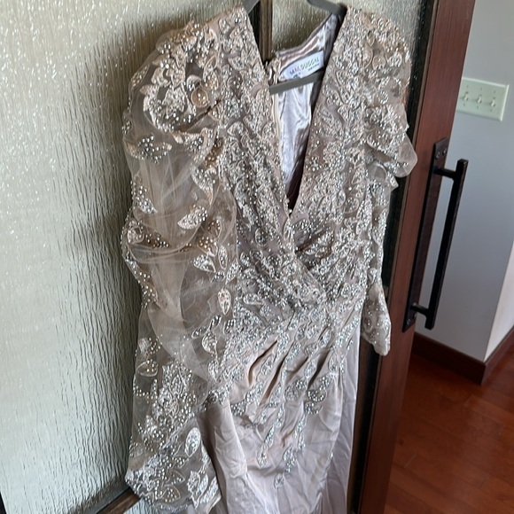Mac Duggal 20346 Embellished Faux Wrap Illusion Puff Sleeve Gown Taupe 14 - Picture 11 of 13